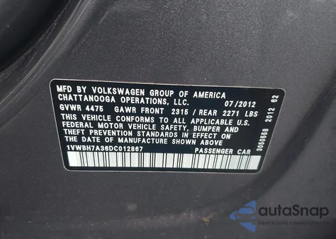 2013 Volkswagen Passat 2.5L Se из США, поврежденный, VIN 1VWBH7A36DC012867